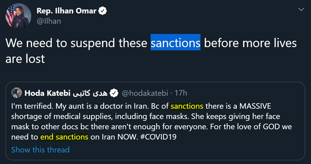 3)Omar’s latest tweet is not the first example of her parroting Zarif’s talking points.She runs the same narrative about “sanctions depriving Iranians of medicine.”Note: @tparsi is the founder of NIAC @AssalRad is a NIAC member