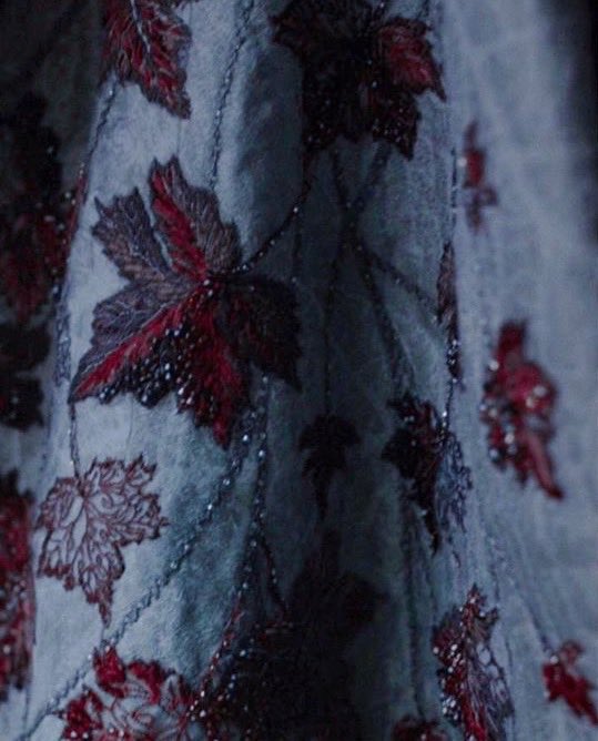The leaves on Sansa’s sleeve are red weirwood tree leaves. This might be an homage to both House Stark and Sansa’s brother, Bran, whose story is deeply connected to the weirwood tree and is often seen near the weirwood tree in Winterfell