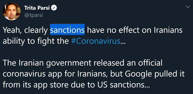 3)Omar’s latest tweet is not the first example of her parroting Zarif’s talking points.She runs the same narrative about “sanctions depriving Iranians of medicine.”Note: @tparsi is the founder of NIAC @AssalRad is a NIAC member