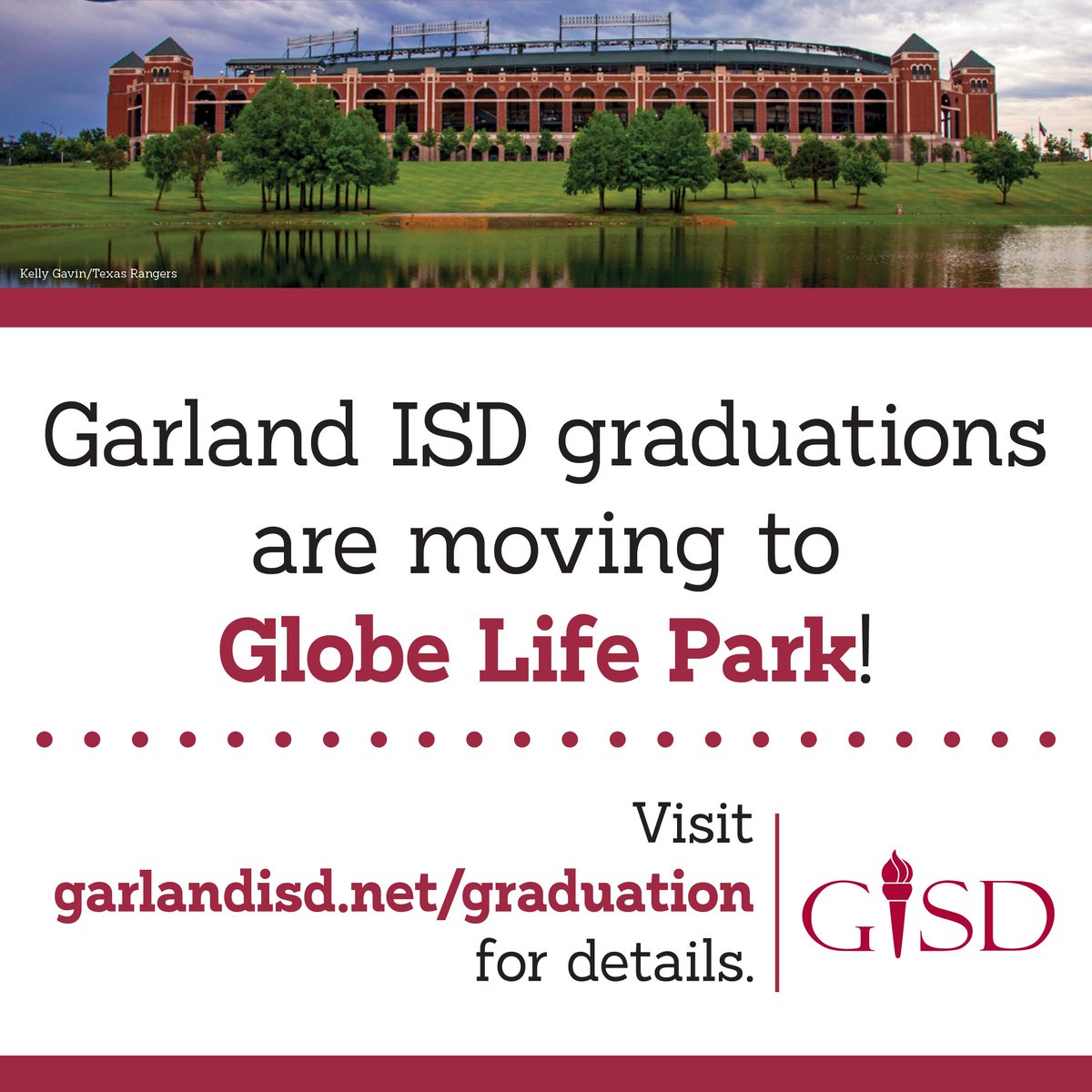 gisdnews's tweet photo. Important notice - We asked for feedback, and we heard you. To offer an in-person graduation and allow for more guests, we’ve changed the ceremony venue from Williams Stadium to Globe Life Park in Arlington. See updated dates, times and details: https://t.co/CLSeXae3my https://t.co/g3z5nqW1SW