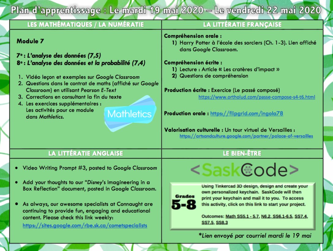 MonsieurIngola's tweet photo. Plan d'apprentissage supplΓ©mentaire pour la semaine du 19 - 22 mai // Supplemental Learning Plan for the week of May 19th - 22nd π±π»ππ
#yqr #supplementallearning #LearnAtHome #LearnFromHome #Mathletics @mathletics3pl #Saskcode @SaskCode @tinkercad https://t.co/noktKS82zh