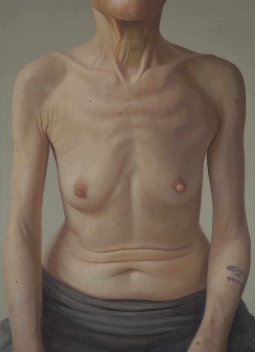 Paintings by American artist and writer Clarity Haynes, 2010s-20s, known for her striking portraits reflecting different body types, struggles, and personalities through the naked torso