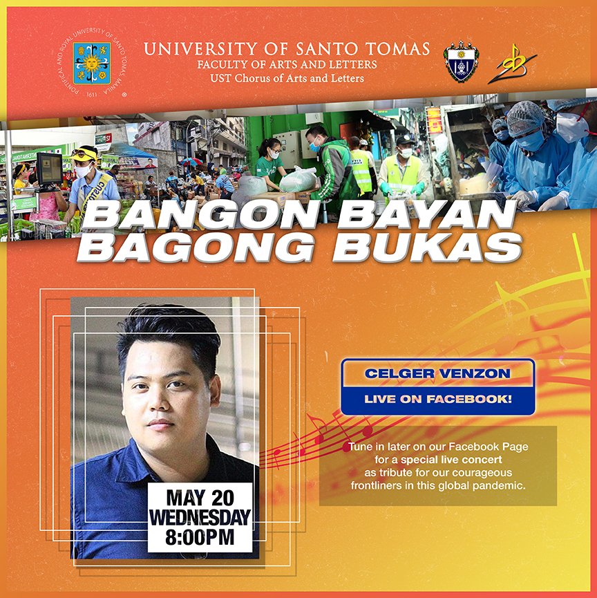 ustabchorale's tweet photo. Don’t miss it as we have two guests performing tonight for Bangon Bayan, Bagong Bukas!

Catch our alumna, Anna Jean Fernandez LIVE AT 5PM, followed by the conductor of Ligao National High School Voice Chorale, Celger Venzon at 8PM!

#ABCSilverAndBeyond
#TIMELES25YMPHONY https://t.co/2chgD9WsqC