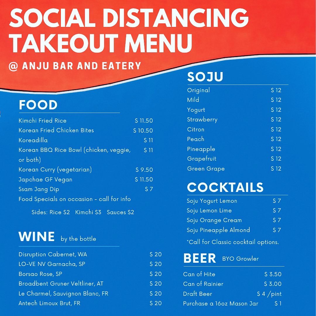 AnjuBarSeattle's tweet photo. 🚨Updated hours and menu. Online ordering.🚨Continuing curbside pickup. Keepin’ on!💪🏼#AnjuSeattle #WhiteCenter #weappreciateyou #curbsidepickup https://t.co/y5pVkV33vF