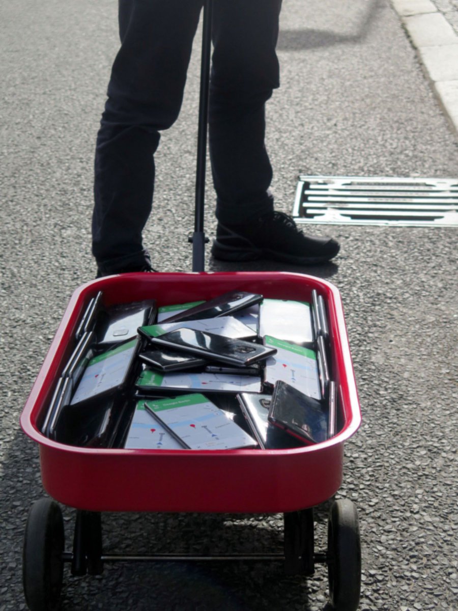 grescoe's tweet photo. How to Create a Virtual Traffic Jam on Google Maps: start by putting 99 smartphones in a little red wagon... https://t.co/erSi32R8j3 https://t.co/nTzfgaEViN