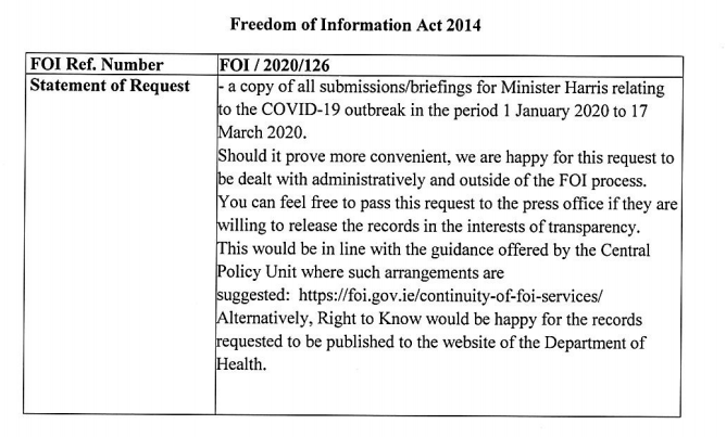 Thread: The Department of Health has refused to release copies of briefings and submissions for Minister Simon Harris relating to the spread of coronavirus. Some of these date back to January (including what I believe is the first one from Jan 21)