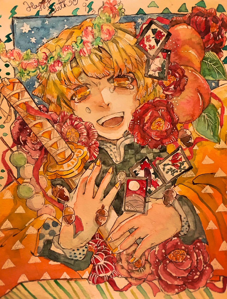 夢路椿 閲覧用 私はもう構図決めてるよ まあ誕生日イラストなんて全部これだからどうせこんな宗教画構図 と花になるから期待しないで拙者誕生日は推しに花をいっぱいそえるって決めてる侍