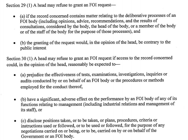 The Department has said the records are exempt under Section 29 and 30 of the FOI Act. The first is that they relate to a deliberative process (even ones from Jan???) and the second, well you can read for yourself - the most blurry and wide-ranging of all our many FOI exemptions: