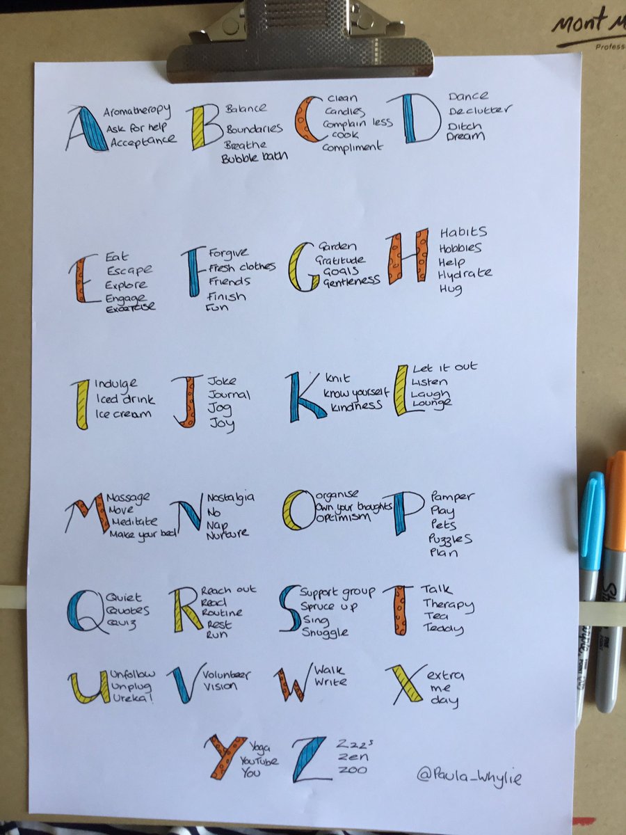 Paula_Whylie's tweet photo. To support #MentalHealthAwareness I’ve created an A-Z of #selfcare tips. Spelling my name suggest my personal care kit consists of #Pet #aromatherapy #unplug #laugh #acceptance all of which are serving me well at the moment. What does your selfcare look like 💜 @MentaIHeaIthUK https://t.co/d1QAvdfOOk