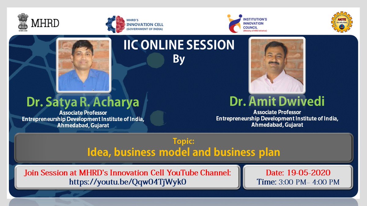 drsandanasamy's tweet photo. Today's #IIC_Online_Sessions by @mhrd_innovation cell on "Idea, Entrepreneurship Opportunities, Business Model &amp; Business Plan" by @DrDwivediAK &amp; Dr S.R.Acharya, @EDIIAhmedabad was excellent. The @Karaikal_KPTC congratulates the team. @AICTE_INDIA @HRDMinistry #mhrdindia https://t.co/BIHcapAeSG