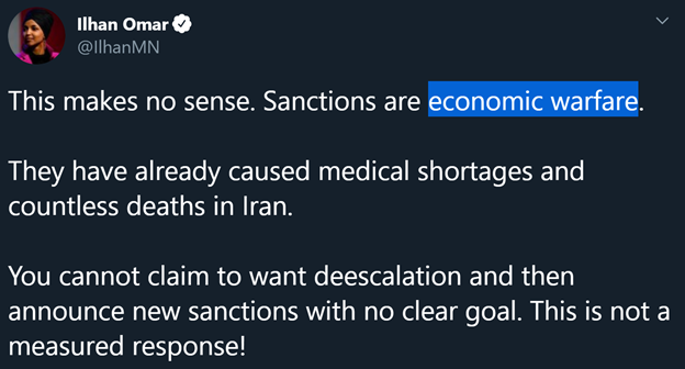 15)For the record, here are more of Omar’s tweets pushing Iran’s talking points:-Trump wants war with Iran (which Trump actually prevented)-Trump should reinstate (Obama’s) Iran nuclear deal-Sanctions are “economic warfare” (getting it from none other than Zarif himself)