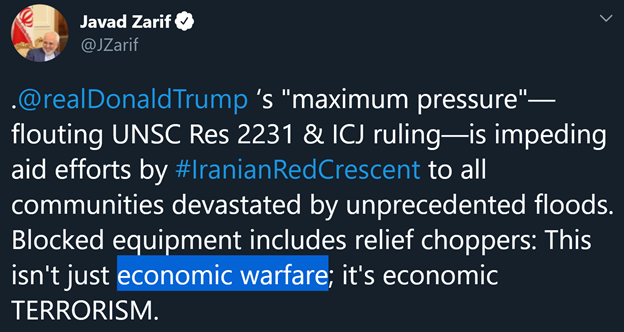15)For the record, here are more of Omar’s tweets pushing Iran’s talking points:-Trump wants war with Iran (which Trump actually prevented)-Trump should reinstate (Obama’s) Iran nuclear deal-Sanctions are “economic warfare” (getting it from none other than Zarif himself)