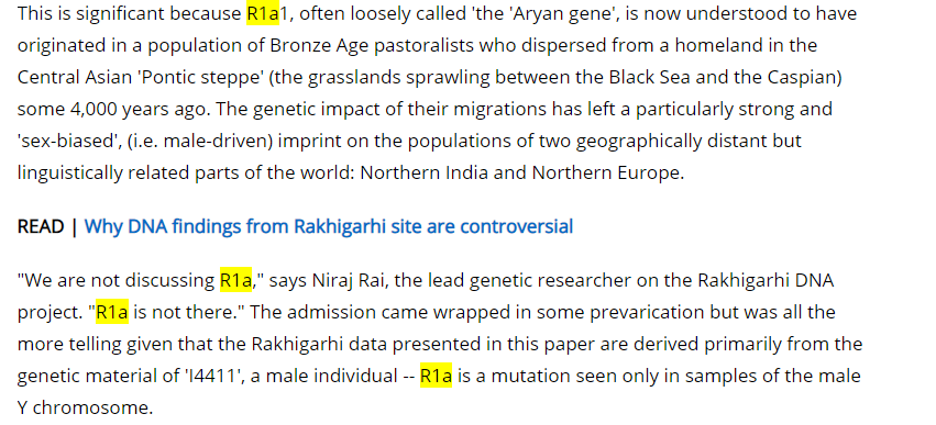 Now, let's talk about Rakhigarhi DNA tests. What they will tell you would be this.1 R1A "Aryan gene"2. This quack's victory decalarations3. Or this victory dance by Scroll ("Forgetting" that the specimen was female, not male) https://scroll.in/article/893308/why-hindutva-is-out-of-steppe-with-new-discoveries-about-the-indus-valley-people