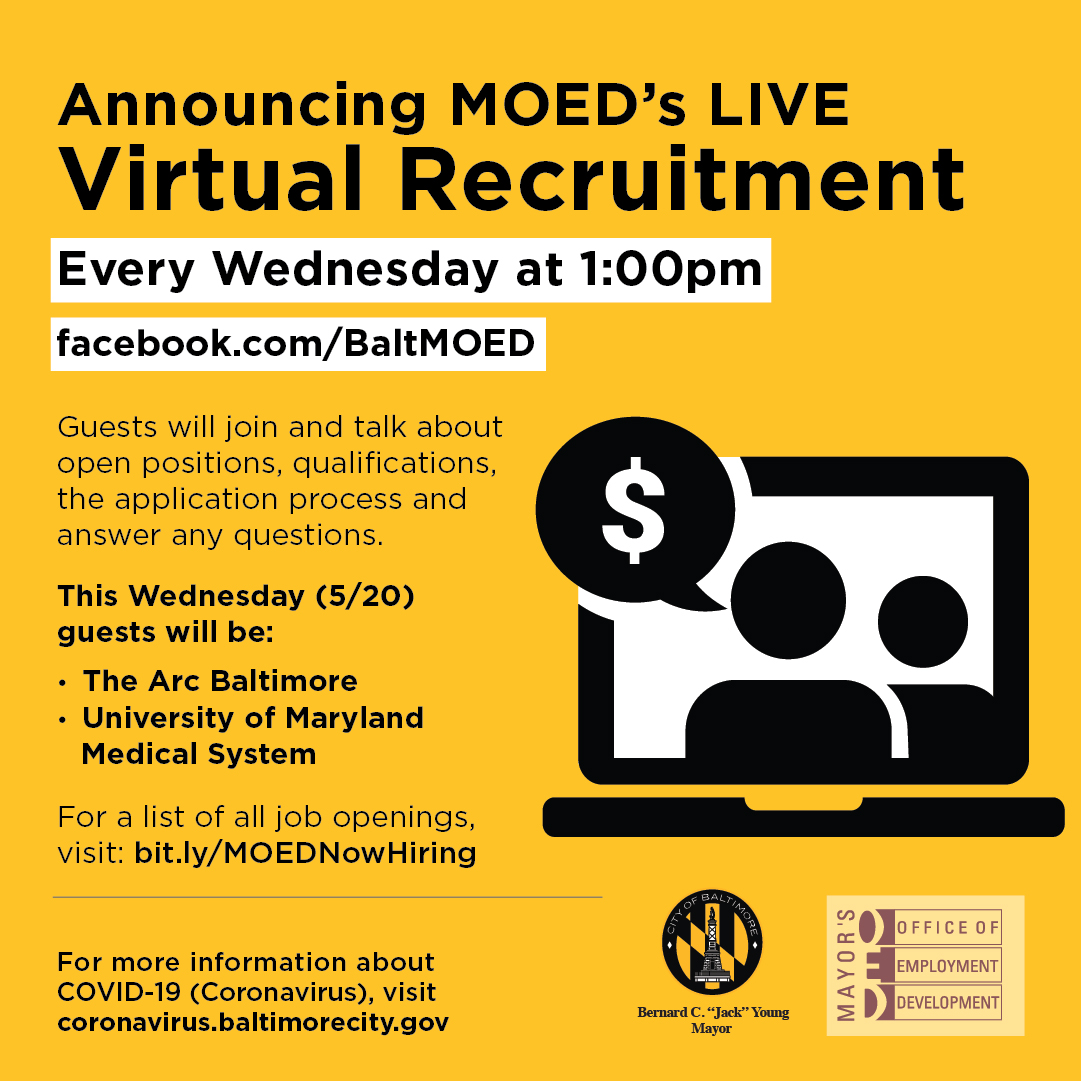 JobsBaltimore_'s tweet image. Join us tomorrow for another Facebook LIVE Virtual Recruitment. Our guest employers will be The Arc Baltimore and University of Maryland Medical System Careers. Tune in tomorrow at 1:00pm