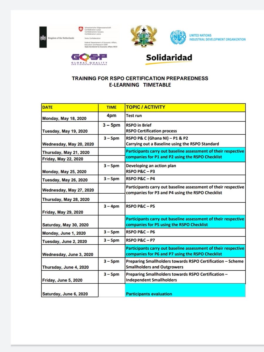 <a href="/Solidaridad_wa/">Solidaridad West Africa</a> #SWAPP in collaboration  with <a href="/UNIDO/">UNIDO</a> <a href="/GQSPGhana/">GQSP Ghana</a> begins e-training for oil palm processing companies on the #standard for <a href="/RSPOtweets/">Roundtable on Sustainable Palm Oil</a> today. The training is to equip them to better understand the requirements of the <a href="/RSPOtweets/">Roundtable on Sustainable Palm Oil</a> to enhance market access <a href="/GQSPglobal/">Global Quality and Standards Programme (GQSP)</a>