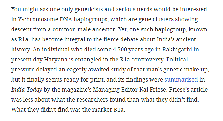 Now, let's talk about Rakhigarhi DNA tests. What they will tell you would be this.1 R1A "Aryan gene"2. This quack's victory decalarations3. Or this victory dance by Scroll ("Forgetting" that the specimen was female, not male) https://scroll.in/article/893308/why-hindutva-is-out-of-steppe-with-new-discoveries-about-the-indus-valley-people