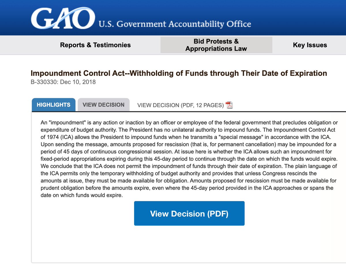 B) The Impoundment Control Act. As  @USGAO has said "The president has no unilateral authority to impound funds" appropriated by Congress. Threat to make this permanent would be illegal. Congress annually appropriates to WHO and that funding must flow. The WHO problem is.../3