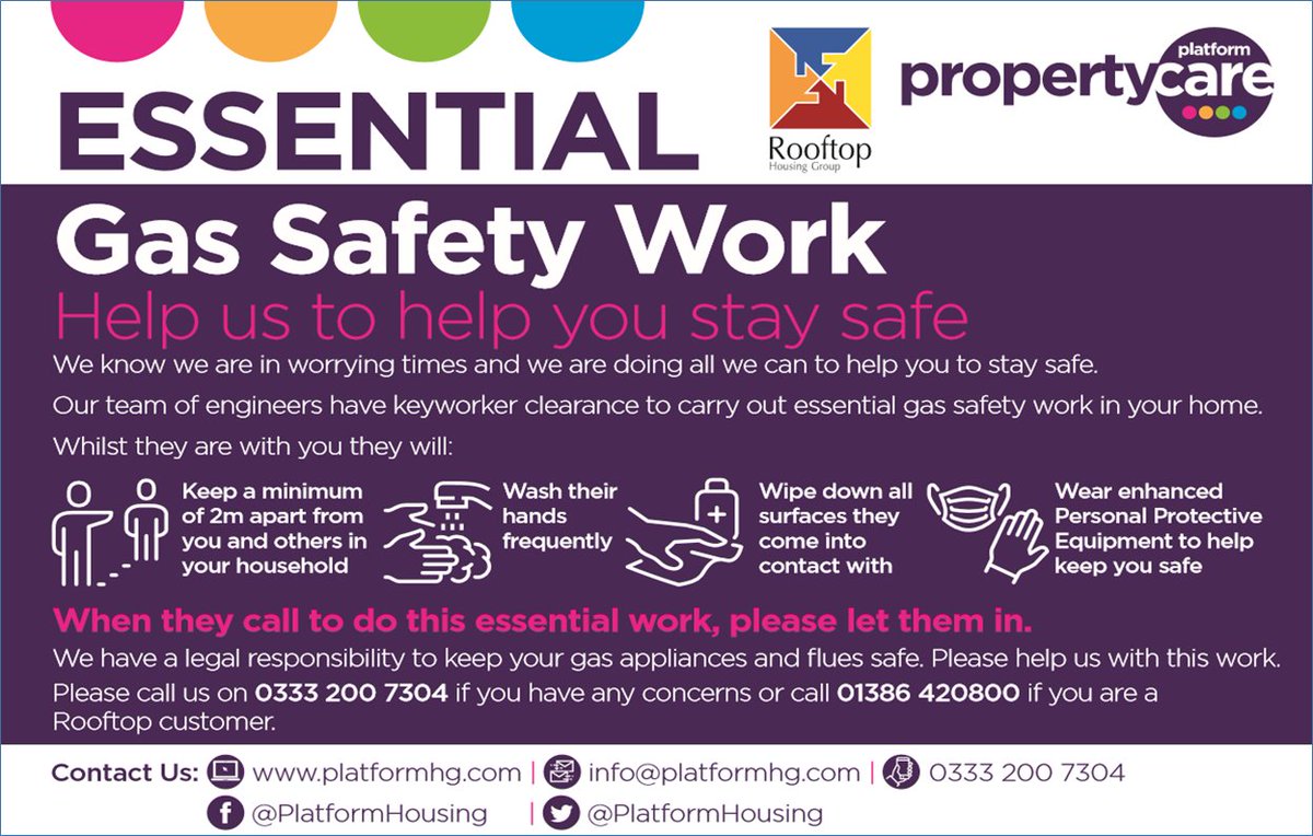 PlatformHousing's tweet photo. We may contact you to arrange to carry out #gas safety work - please let our #keyworker team enter your home to do this essential work. https://t.co/guYOp5gcWx