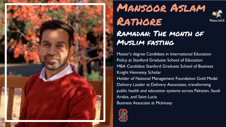 PyjamaTalks's tweet image. Tonight&apos;s #PJTalk will feature Mansoor Rathore, introducing us to the meaning and practices of Ramadan. Mansoor is a  @KnightHennessy scholar, a MA student @StanfordEd. Tune in tonight at 6pm to check it out!