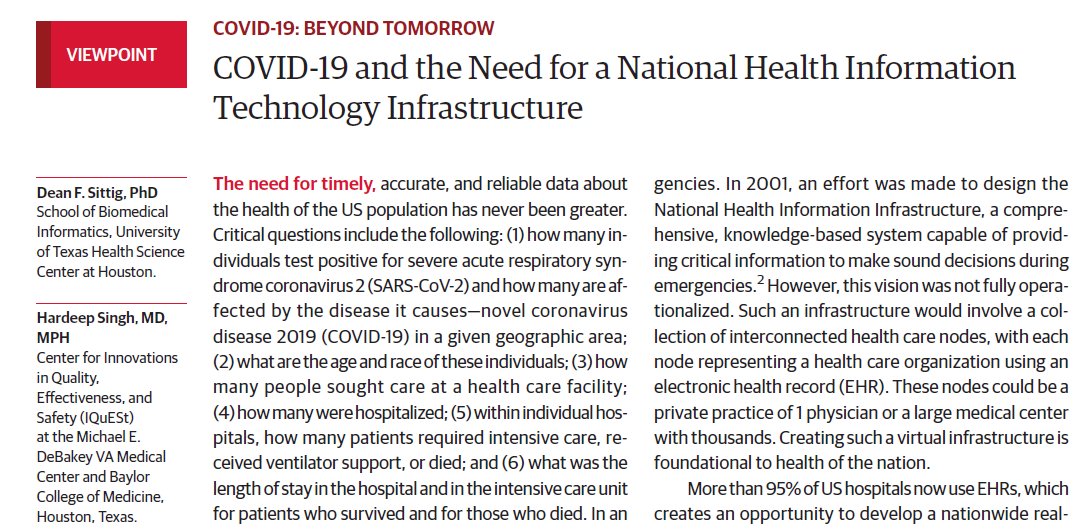 US need not rely on hospitals emailing  #COVID19 data or internet connected thermometers to get timely, accurate, and reliable data about the nation’s healthWe need a new National Information Spine Thread on our  @JAMA_current paper w/  @deansittig 1/  https://jamanetwork.com/journals/jama/fullarticle/2766368