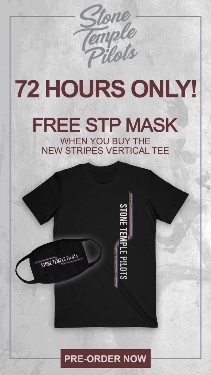 STPBand's tweet photo. Protect yourself &amp; others with a STP face mask which comes FREE if you pre-order our new stripes vertical tee in the next 72 hours! ⁣If you have to go out please stay safe &amp; we hope to see you all again soon! ❤️⁣
Pre-order here: https://t.co/WXs71RRXCr
⁣
#staysafe #stayhome https://t.co/OJF5IVJ7jc