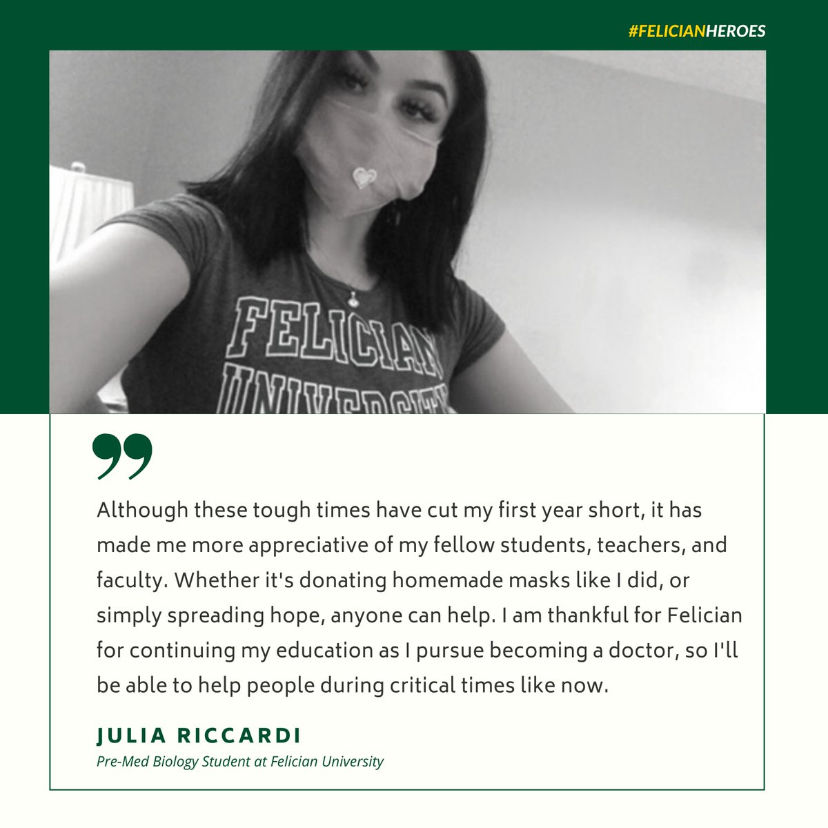 Felician_edu's tweet photo. We are amazed by Felician student Julia Riccardi who is dedicating her spare time to making and donating face masks. We are proud to be able to help Julia and other students like her pursue their dreams of helping others through their professions! #TheFelicianWay #FelicianHeroes https://t.co/tZQZCNbeUp