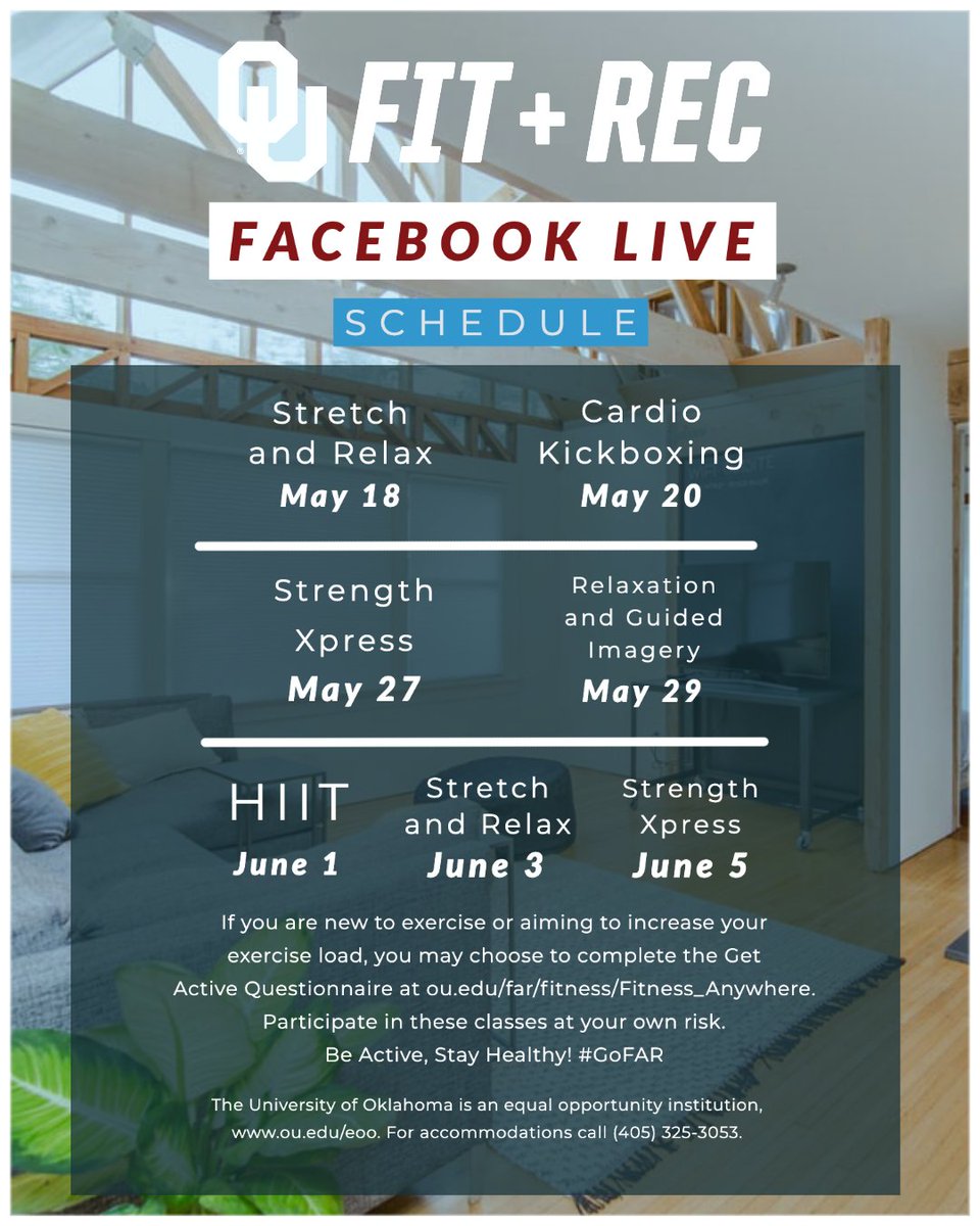 OUFitandRec's tweet photo. 🚨🚨🚨We have an updated Facbook Live schedule!!
Be sure to click that share button!👍👍👍
#GoFAR #ActiveOU #FitnessAnywhere #OU https://t.co/WJyVz4PoAm