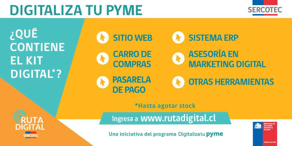 sercotec_valpo's tweet photo. ¿Quieres digitalizarte y optimizar la gestión financiera de tu Mipe? ¡Te invitamos a sumarte a la #RutaDigital🖱️e integrar los beneficios de la digitalización!

📲¿Cómo? Ingresa a https://t.co/y1q0hx95bm, realiza nuestro programa de cursos y postula a un #KitDigital. ¡Súmate! https://t.co/S24YdJrDmj