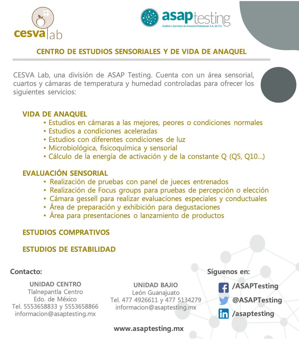 CESVA Lab una división de ASAP Testing, te presentamos nuestros servicios:
#VidaDeAnaquel #EvaluaciónSensorial #EstudiosComparativos #EstudiosDeEstabilidad