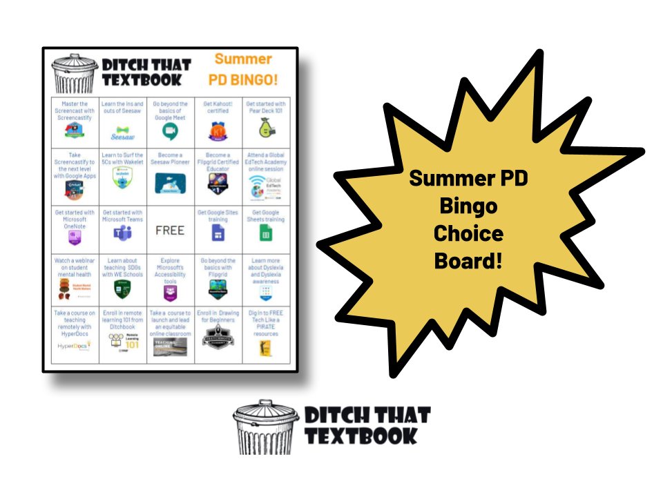 jmattmiller's tweet image. What are we going to do this summer?

When you&apos;re ready to level up your skills, this summer PD choice board will give you LOTS of ideas!

Lots of #MicrosoftEDU and #GoogleEDU goodness. Plus, it&apos;s customizable!

More: ditchthattextbook.com/summer-pd/ #DitchBook #techlap #remotelearning