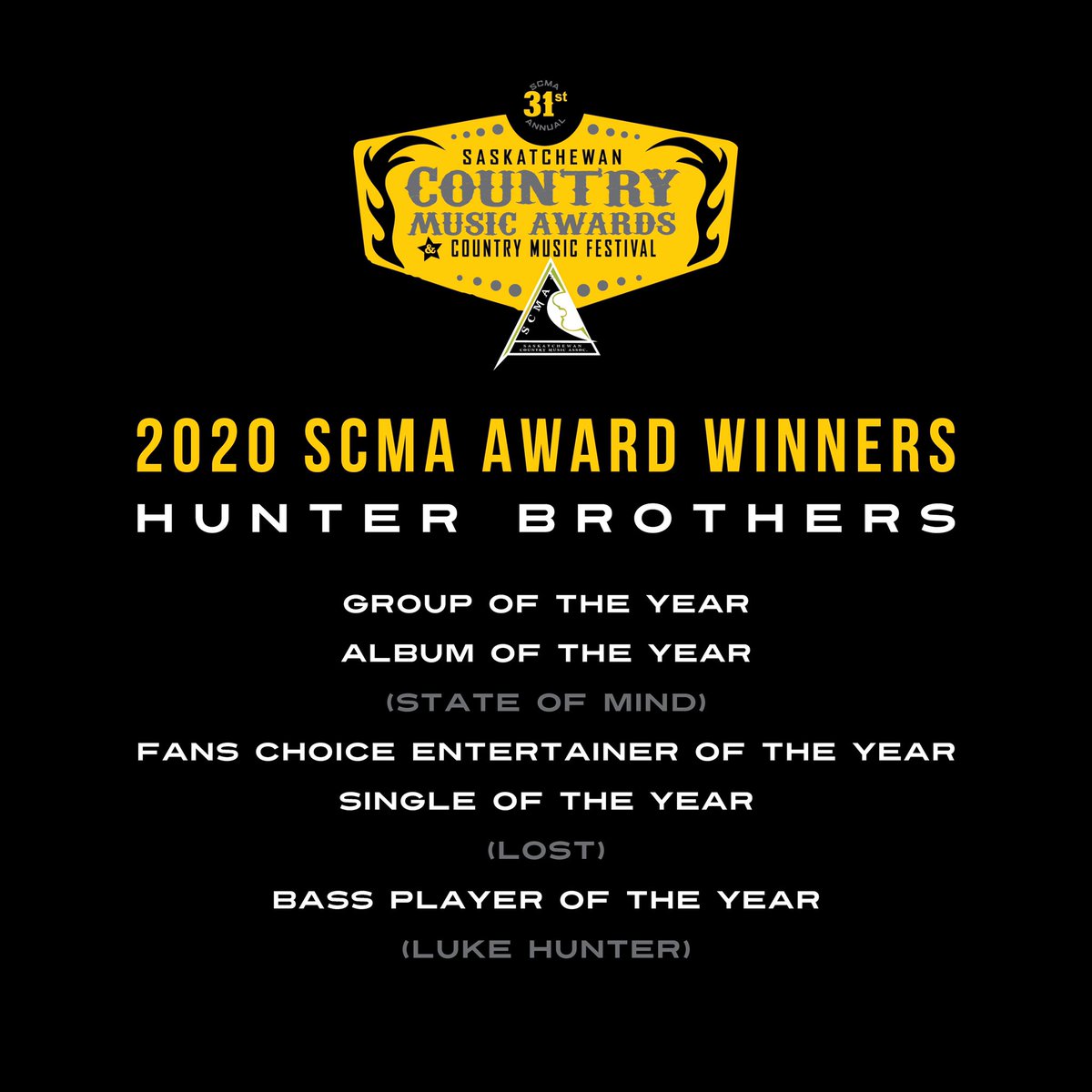 HunterBros's tweet photo. We are so proud to be from this incredible province of #Saskatchewan. This past weekend, we were honoured to receive 5 awards from the @scma_canada virtual broadcast. Thank you to each one of you for voting in the Fans Choice Entertainer of The Year category, https://t.co/gRKrXbDCMZ