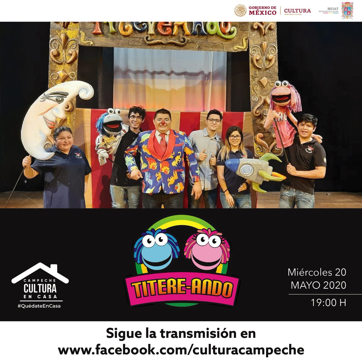CulturaCampeche's tweet photo. ¡Diversión para toda la familia! 👨‍👩‍👧‍👦🤹‍♂️🎪

Mañana miércoles 20 de mayo, te esperamos en nuestra transmisión por #FacebookLive para disfrutar de #Titereando, un show lleno de alegría donde los títeres harán sonreír a todos en casa.- 🏘️🤹‍♀️

¡Míralo a partir de las 19:00 horas! https://t.co/n5u7DIPJ0i