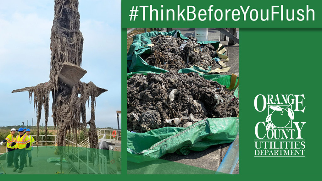 OrangeCoFL's tweet photo. Most items labeled flushable/disposable are not safe to flush! Wet/disinfecting wipes, paper towels and other #nonflushables clog sewer pipes and damage wastewater treatment equipment. These used items go in the trash. #ThinkBeforeYouFlush (photo taken pre-social distancing) https://t.co/lQNB8NBJX1