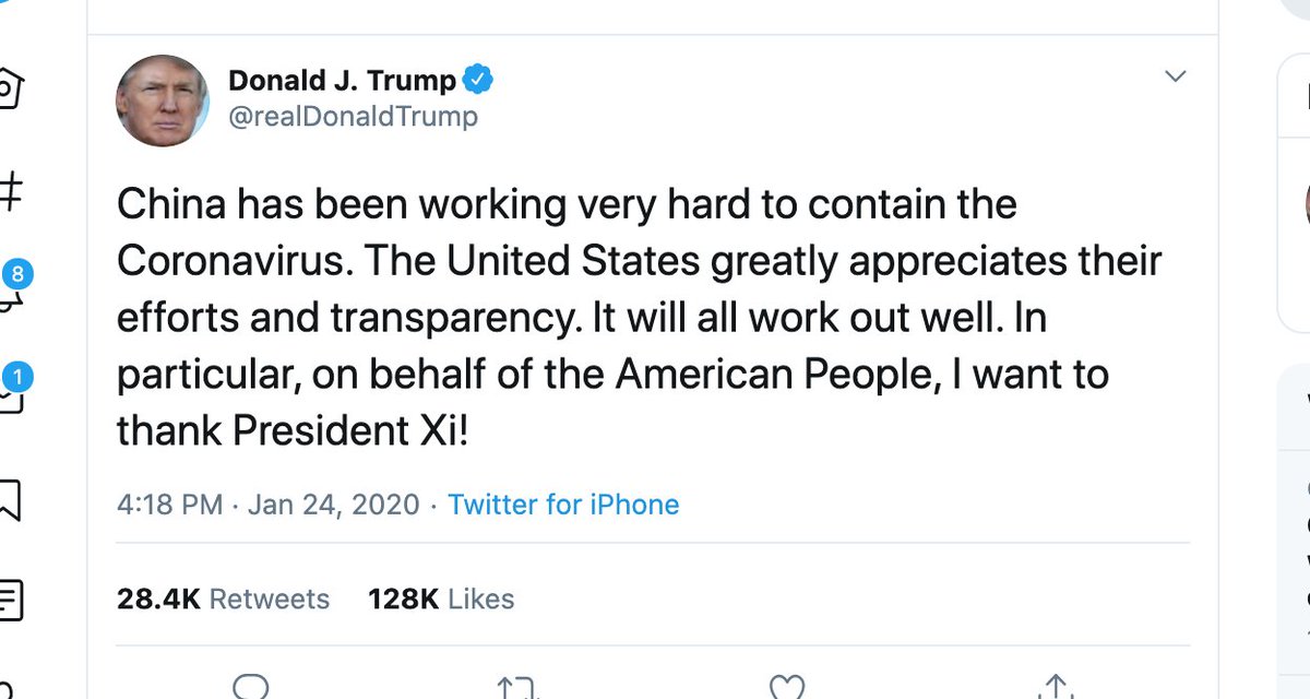 B)Trump upset  @DrTedros said good things about Chinese transparency. Look, I wasnt a fan of how that was phrased, but Trump said pretty much the exact same thing a few days before. Spare me the fake outrage./8