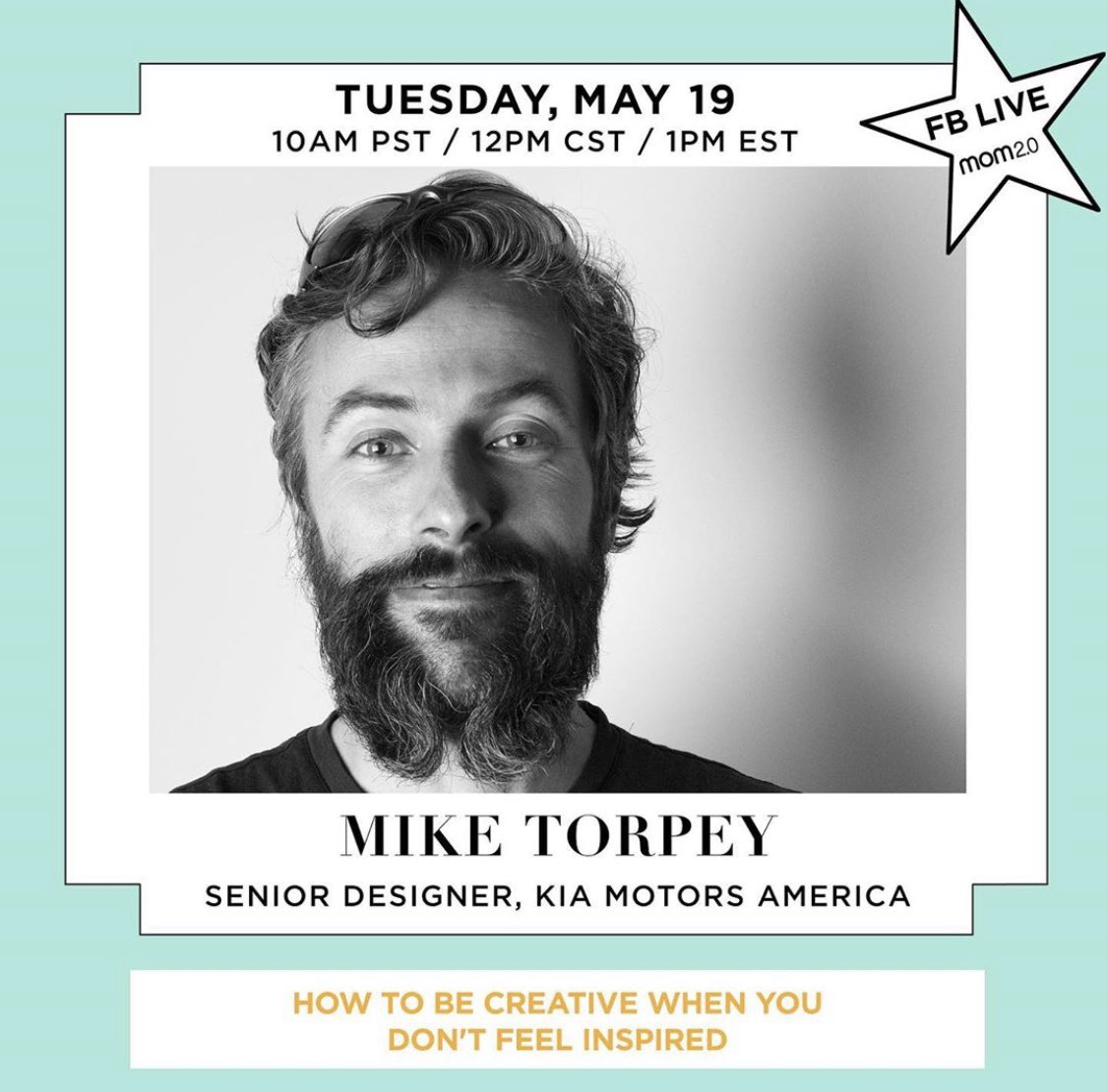 mom2summit's tweet photo. Join designer + creative instigator @miketorpey of @Kia in conversation with @babyrabies on the Mom 2.0 FB page, about how to find creativity when you don’t feel inspired. 1pm Eastern, today. It’s going to be good! https://t.co/7rRypcCAOF #GiveItEverything #mom2summit https://t.co/mZWLR8Xn7g