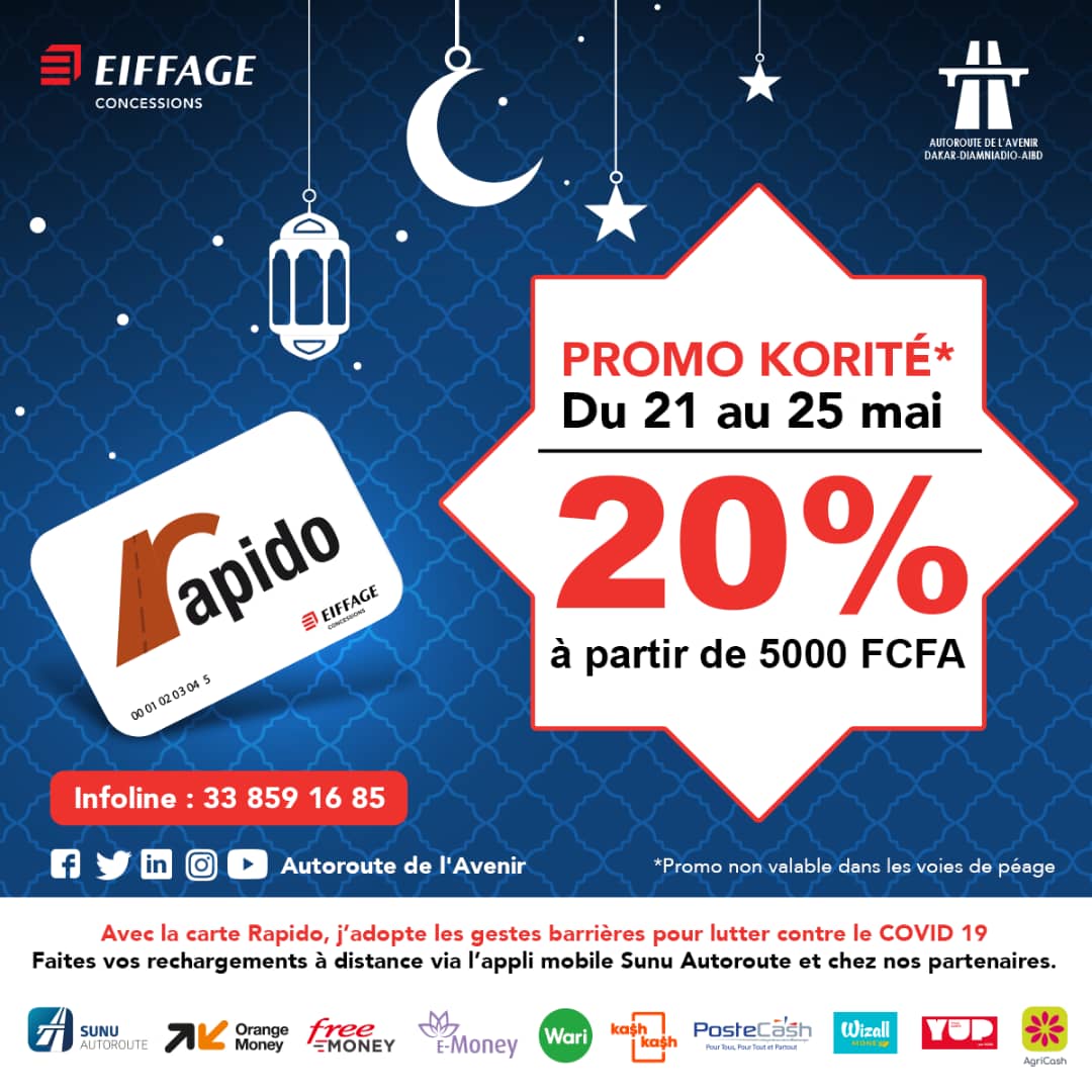 autorouteavenir's tweet photo. [#PromoRapido 💳]
Du 21 au 25 Mai 2020, rechargez votre carte RAPIDO 💳à partir de 5000 FCFA pour bénéficier de 20% de BONUS  ! 🎉Privilégiez nos solutions de rechargement à distance via nos solutions partenaires ! 
#PromoRapido #kebetu #AutorouteDeLavenir https://t.co/97tvh9vTZg