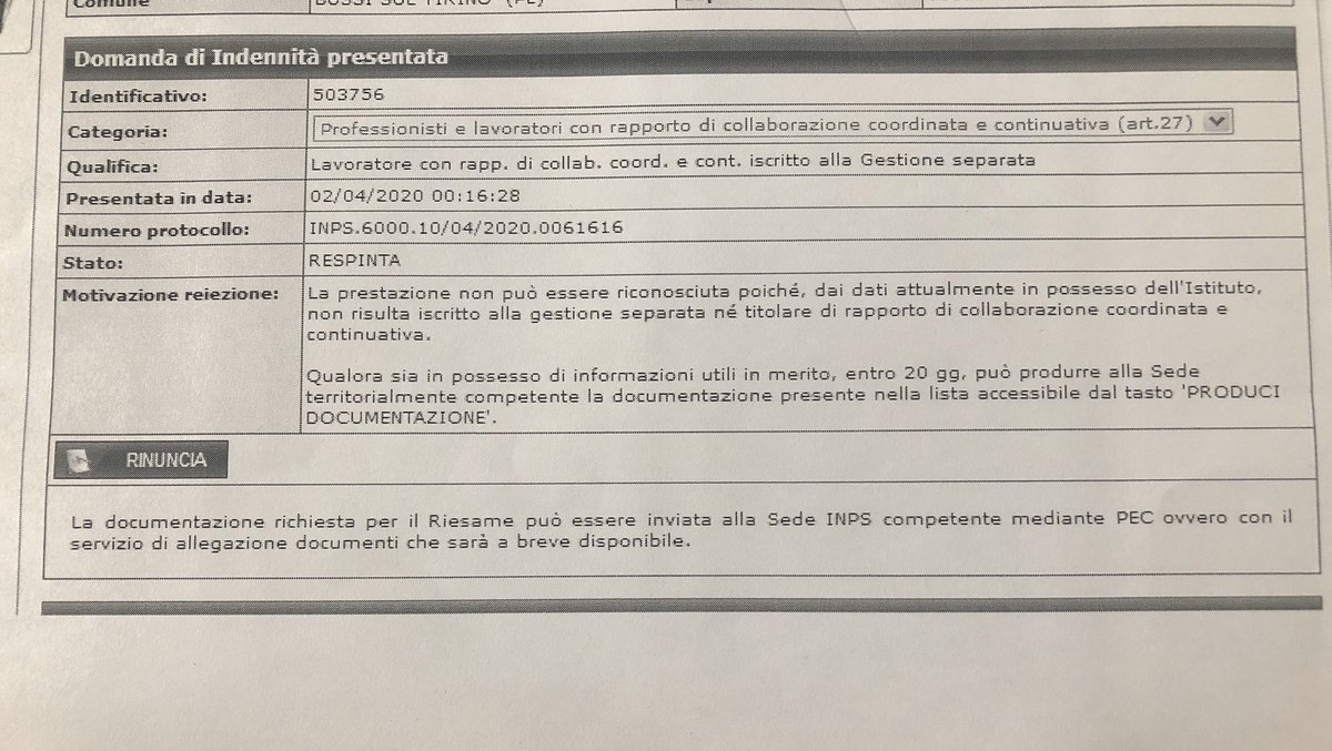 72bucci's tweet photo. @INPS_it @ayeriosf Domanda respinta( allego foto) 
Sono iscritta alla gestione separata e ho lavorato fino al mese marzo 
Ho già inviato https://t.co/Be7o9yGhz0 e busta paga di gennaio e febbraio documenti in mio possesso alla sede di competenza . Cosa altro devo fare ?! 
Aspetto dal 2 aprile . https://t.co/F8bpmWURcD