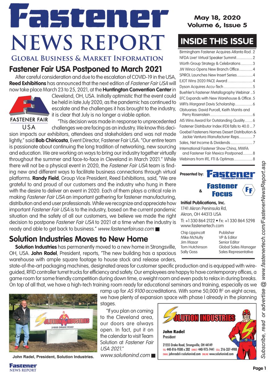 Read the Flip Book Edition of the May 18 issue of the Fastener News Report online here  online.pubhtml5.com/ksyg/qtam/. Visit fastenertech.com/fastenernewsre… for details on the PDF and Print Editions as well as for editorial and advertising information.