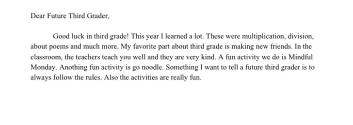For a fun writing prompt, our students wrote a letter to future 3rd grade students in our class. We absolutely loved reading these kind and thoughtful responses! 🥰 <a href="/MrsPerkinsMTPS/">Mrs. Perkins</a> <a href="/AsherHolmesES/">Asher Holmes ES</a>