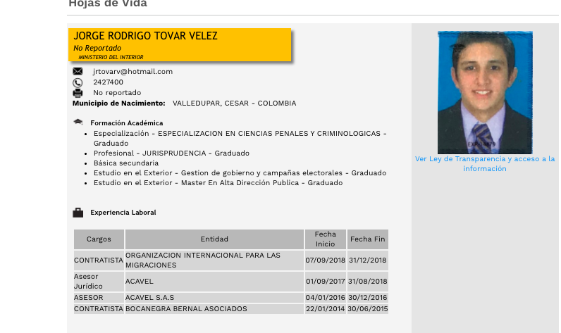 DavidRacero's tweet photo. ¿En serio les parece que esta hoja de vida demuestra ideoneidad del señor Jorge Rodrigo Tovar para ser designado Director de Víctimas en @mininterior?

Parece que la única experiencia en víctimas del señor Tovar, es la experiencia de su padre, el temido paramilitar "Jorge 40". https://t.co/y1jIxP1UvX