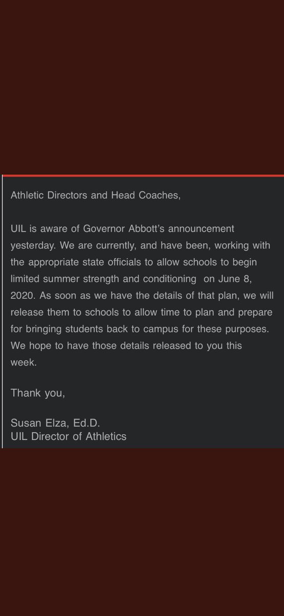 BRISDAthletics's tweet photo. Announcement from the UIL about summer workouts.  We are getting closer! GO TIGERS! https://t.co/82g4wZviCC