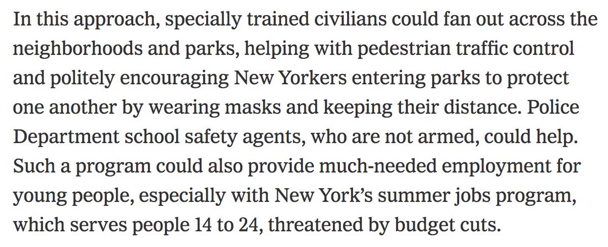 This is the NYT editorial board's recommendation for enforcing social distancing recommended by De Blasio. Hall monitors paid by the government. I'm sure this will go over well with NYers, who are known for being polite and receptive to criticism.