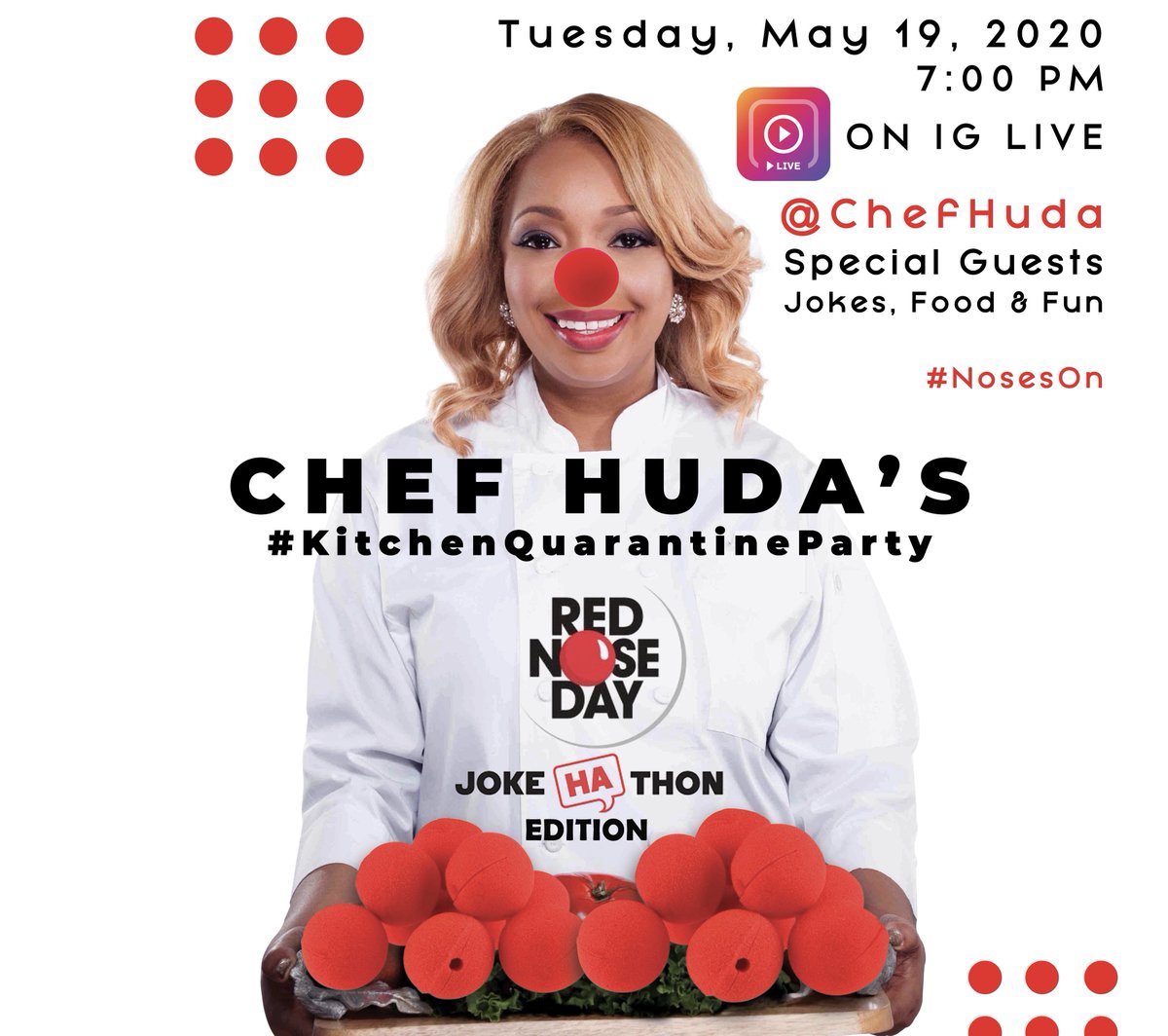 ChefHuda's tweet photo. Please join us Today Tuesday, May 19th at 7:00pm ET (4pm PT) for a special IG Live @ChefHuda #KitchenQuarantineParty @RedNoseDayUSA Joke-Ha-Thon Edition Fundraiser with Jokes, Food, Fun & Music.
Donate to our Red Nose page https://t.co/YL9eEB55zM
#RedNoseDay #NoseOn #donate https://t.co/ESp6w0ZDDu