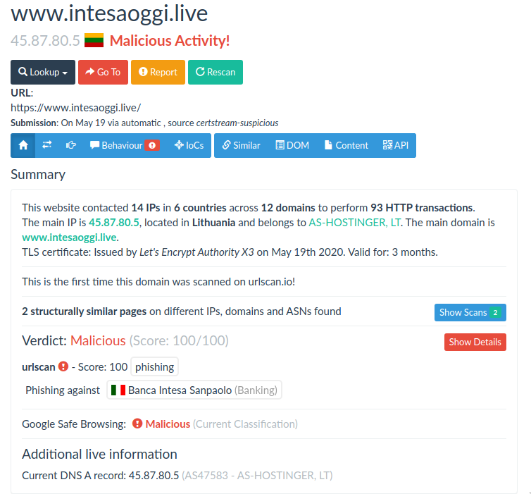 andpalmier's tweet photo. #phishing #mwitaly 🇮🇹 #intesa 

hxxps://www.intesaoggi.live/
🔐 @letsencrypt 
☣️  45.87.80.5 (AS47583)
🎯 @intesasanpaolo 

@illegalFawn @ActorExpose @PhishKitTracker @Spam404 @malwrhunterteam @JAMESWT_MHT @ANeilan @sysgoblin @PhishStats @D3LabIT @phishingreel @reecdeep https://t.co/jUt6PqRAuZ