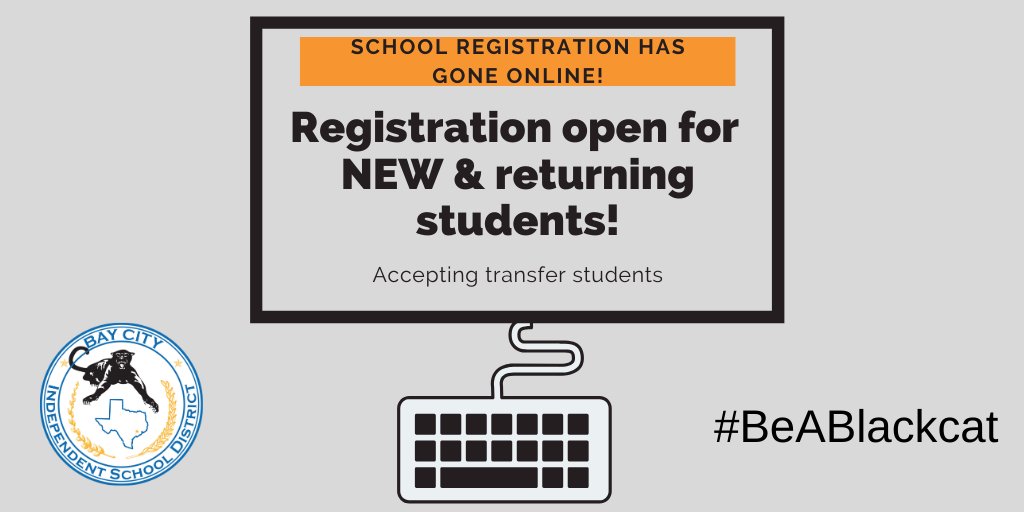 BCISD's tweet photo. #BCISD has moved to ONLINE registration! NEW &amp; returning students may enroll NOW. Accepting transfer students too! https://t.co/6YpCCeSeMe 
@bchsreyes @PrincipalMDodd @khicklBCISD @ashleyhaggBCISD @BayCityJuniorH1 #BeABlackcat #BelieveInBCISD https://t.co/c39iDhxSOB