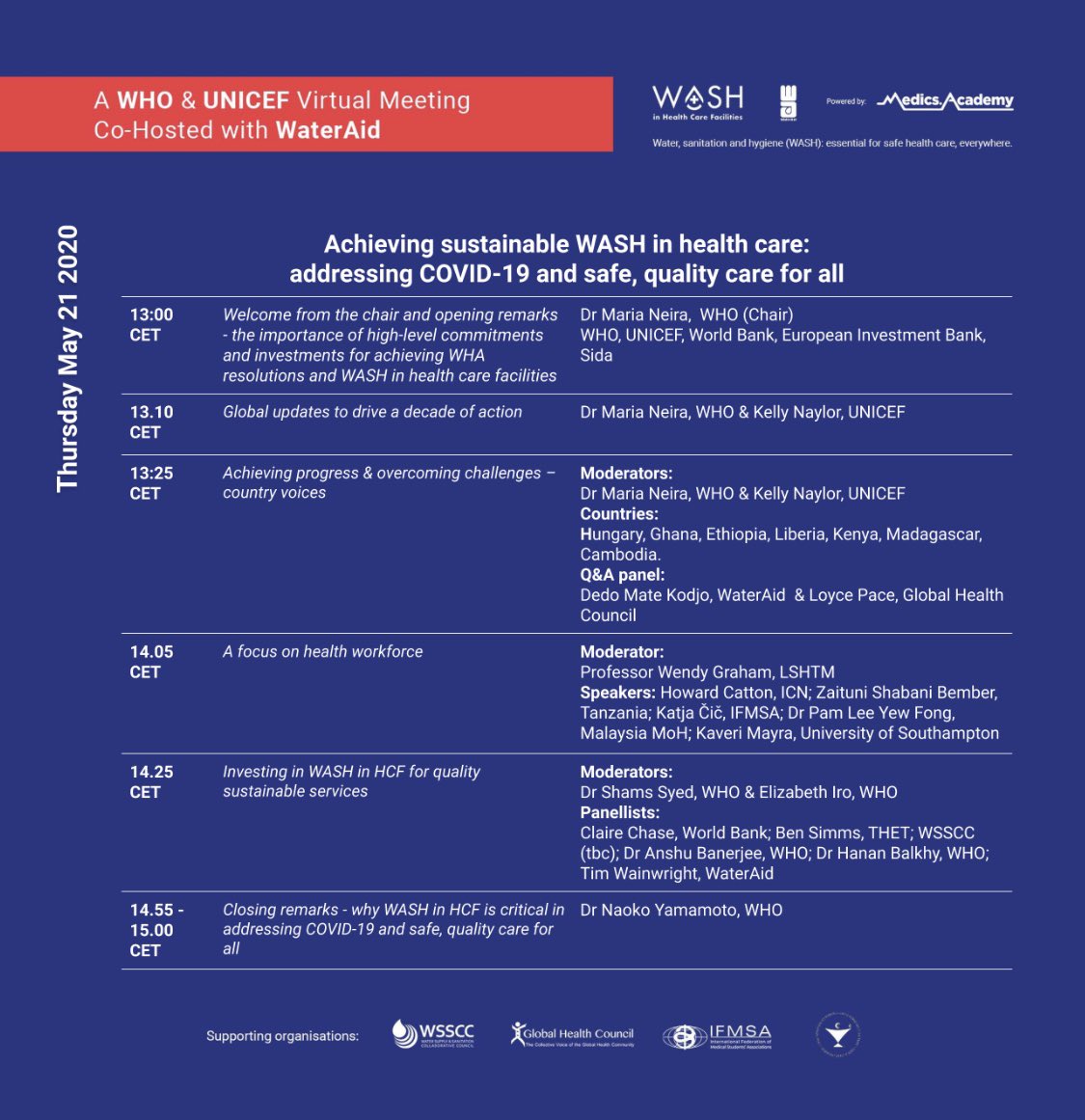 WASH_FOR_HEALTH's tweet image. @WHO @UNICEF meeting 21 May includes progress updates &amp;amp; breaking global news, with high profile speakers from Ethiopia, Ghana, Hungary, Liberia and Malaysia &amp;amp; interventions/contributions from a number of partners @IFMSA @WSSCCouncil @ICNurses @GlobalHealthOrg #R2RWASHinHCF #WHA73