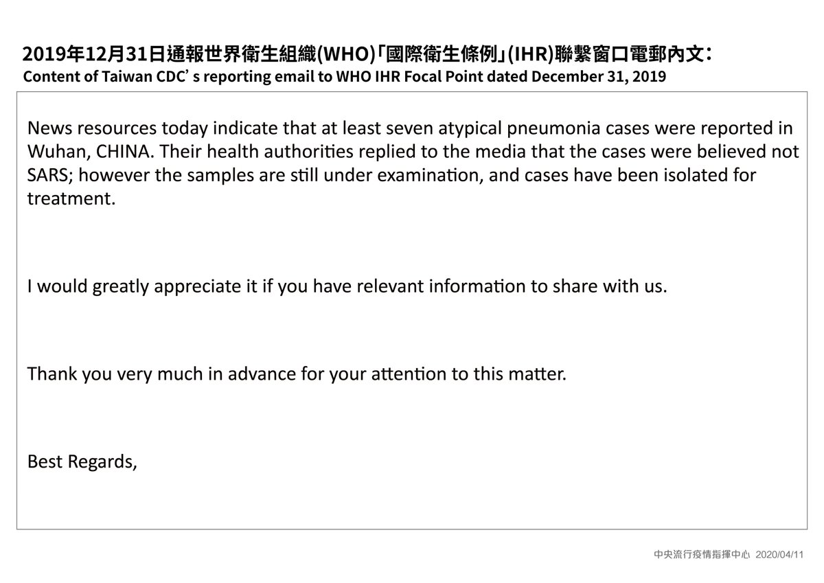 Says  #Taiwan tried to warn WHO about H2H transmission and was ignored. This is oft-repeated misinformation. Taiwan email, came SAME day as Chinese notification to WHO, and said NOTHING about H2H /10 