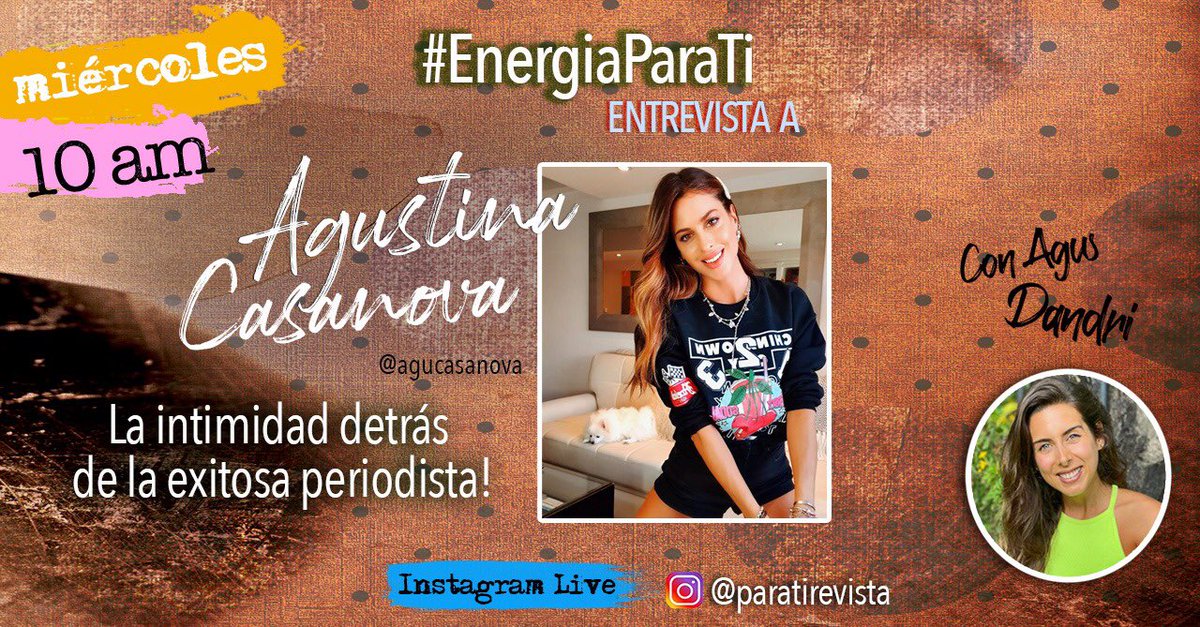 Mañana a las 10 de la mañana, viví una nueva edición de nuestros vivos de Instagram de #EnergiaParaTi . <a href="/agusdandri/">Agustina D'Andraia</a> va a hablar con <a href="/agucasanova/">Agustina Casanova</a> sobre la intimidad detrás de su éxito.
.
.
.
.
#tendencias #mequedoencasa #aguscasanova