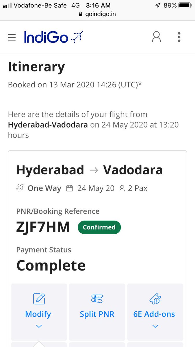 itsfabtrav's tweet photo. @PIBHomeAffairs has already cancelled all dom &amp; intl flights, still @IndiGo6E flight from HYD-BDQ which I booked for my uncle for 24 May, shows still confirmed. When I emailed dey say u will b charged wid cancellation charges. @DGCAIndia @HardeepSPuri  @narendramodi https://t.co/PAtw2t4Eul