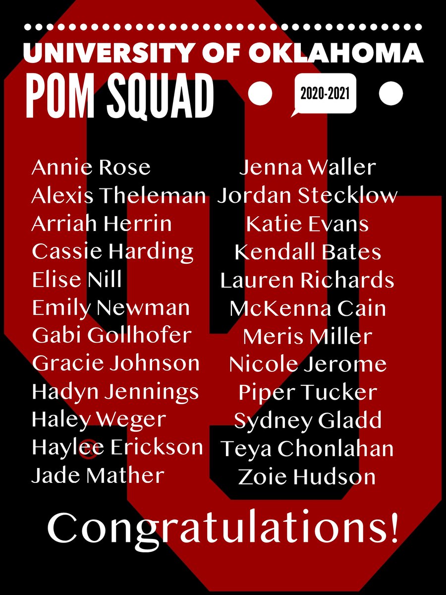 OUpom's tweet image. Introducing the 2020-2021 University of Oklahoma Pom Squad! Congratulations and welcome to the Sooner Family! We cannot wait to dance together and start this season! ❤️☝🏽
